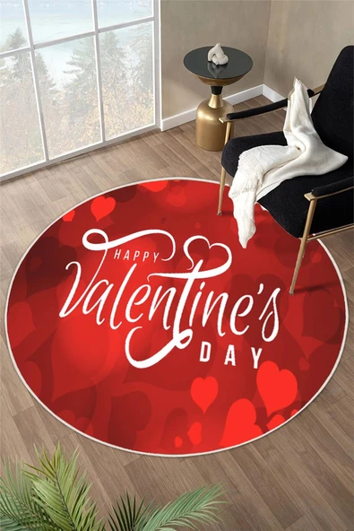 Happy Valentine's Day Özel Tasarım Yuvarlak Dijital Baskı Halı 100 x 100 cm Kırmızı ürün görseli 1