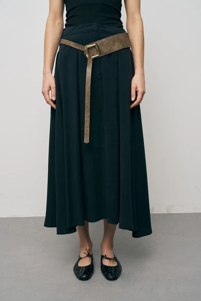 Kadın Modal Retro Kemerli Kloş Midi Etek ürün görseli 1