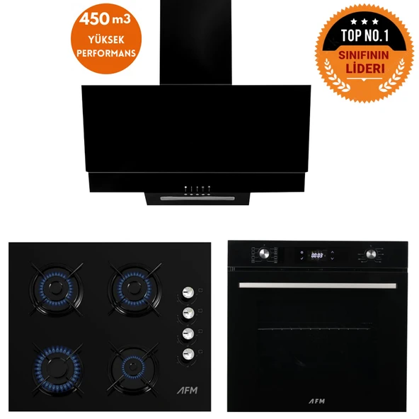 AFM Tech Home Dizayn İnce 8 prog. Turbolu Dijital Siyah Cam Ankastre  Set (FM7700+ FM2200 + FM3250) ürün görseli 1