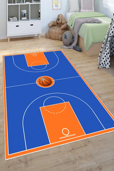 Basketbol Sahası Desenli Yıkanabilir Kaymaz Taban Çocuk Oyun Halısı 120 x 200 cm Mavi ürün görseli 1