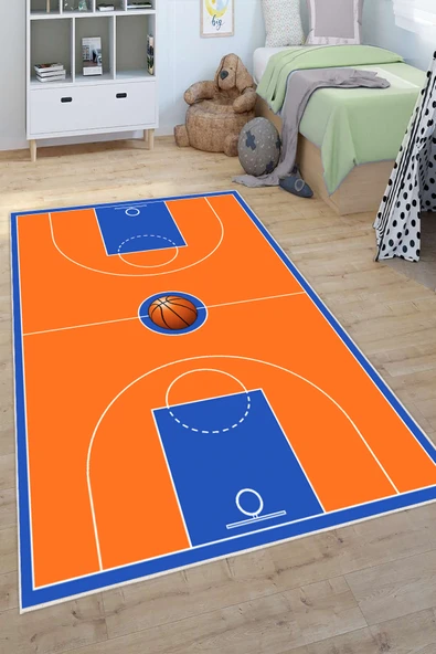 Basketbol Sahası Desenli Yıkanabilir Kaymaz Taban Çocuk Oyun Halısı 120 x 200 cm Turuncu ürün görseli 1