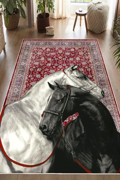 Yıkanabilir Modern Sanat Temalı At Desenli Bordo Dijital Baskı Halı 160 x 250 cm Bordo ürün görseli 1