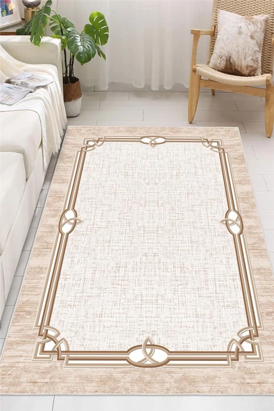 Krem Klasik Çerçeve Desenli Dijital Baskılı Yıkanabilir Kaymaz Halı 120 x 300 cm Krem ürün görseli 1
