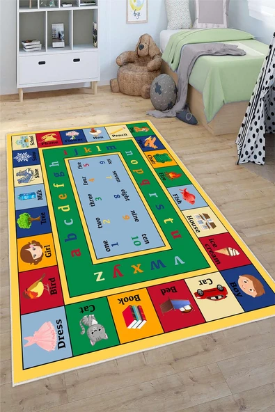 Sayılar ve Alfabe Desenli Yıkanabilir Kaymaz Taban Eğitici ve Öğretici Çocuk Anaokulu ve Kreş Halısı 100 x 200 cm Çok Renkli ürün görseli 1