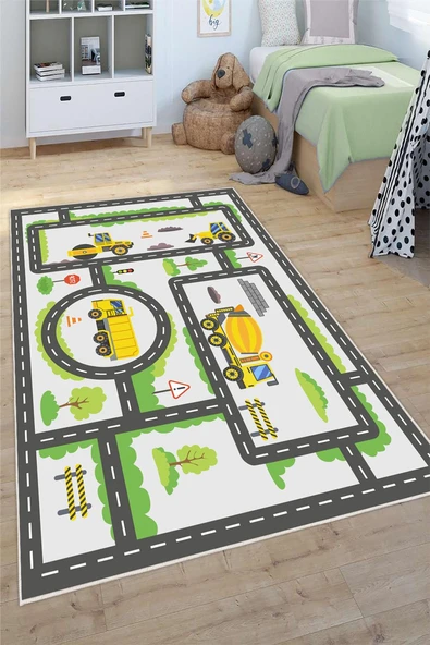 İnşaat Araçları Yol Desenli Yıkanabilir Kaymaz Taban Çocuk Oyun Halısı 50 x 60 cm Çok Renkli ürün görseli 1