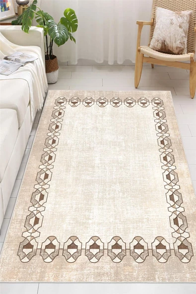Dijital Baskılı Dekoratif Kaymaz Taban Yıkanabilir Çerçeveli Halı Salon Halısı Yolluk Mutfak Halısı 100 x 200 cm Krem ürün görseli 1