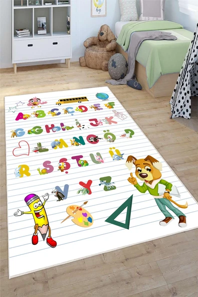Alfabe Desenli Yıkanabilir Kaymaz Taban Eğitici ve Öğretici Çocuk Anaokulu ve Kreş Halısı 200 x 250 cm Çok Renkli ürün görseli 1