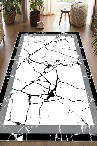 Mermer Desenli Modern Gri Çerçeveli Dekoratif Kaymaz Taban Yıkanabilir Halı 160 x 250 cm Gri ürün görseli 1