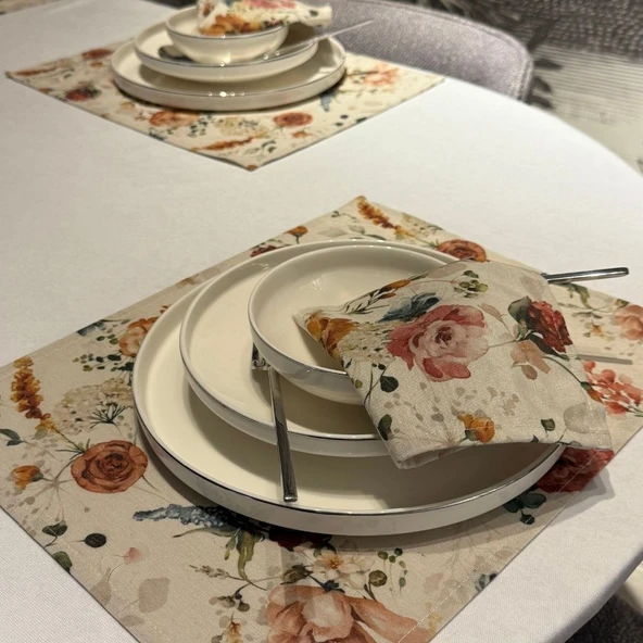 Keten 6’lı Ay Desen 6 Amerikan Servis &6 Peçete 45x30-30x30 ürün görseli 1