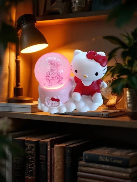Kırmızı renk Hello Kitty figürlü 9cmx8cm ebat pilli ışıklı dekoratif kar küre ürün görseli 1