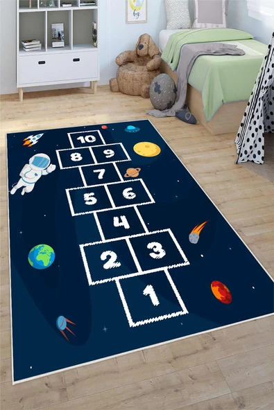 Uzay Temalı Seksek Desenli Yıkanabilir Kaymaz Taban Çocuk Oyun Anaokulu ve Kreş Halısı 80 x 150 cm Lacivert ürün görseli 1