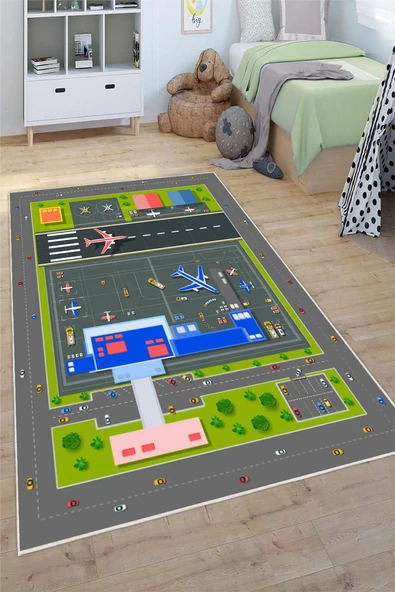 Uçak Pisti Havalimanı Desenli Çocuk Oyun Halısı  80 x 150 cm Gri ürün görseli 1