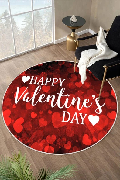 Happy Valentine's Day Sevgililer Günü Özel Tasarım Yuvarlak Dijital Baskı Halı 160 x 160 cm Kırmızı ürün görseli 1