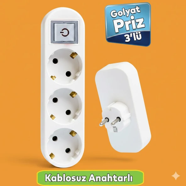 BEYAZ 3'lü Grup Priz Golyat Anahtarlı Düğmeli Fiş Priz Topraklı Çoklu Çoğaltıcı Kablosuz Üçlü Piriz ürün görseli 1