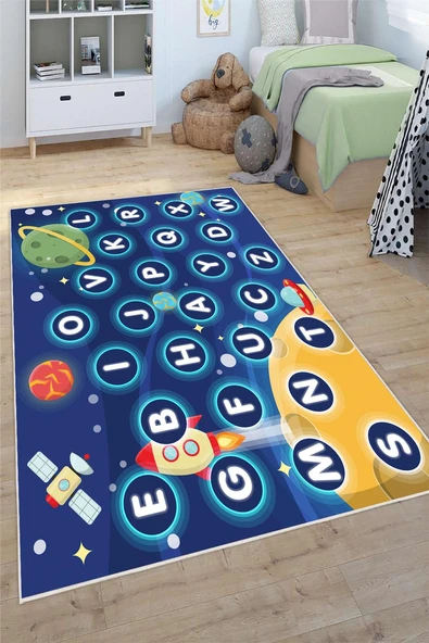 Uzay Temalı Alfabe Desenli Yıkanabilir Kaymaz Taban Eğitici ve Öğretici Çocuk Anaokulu ve Kreş Halısı 80 x 300 cm Çok Renkli ürün görseli 1