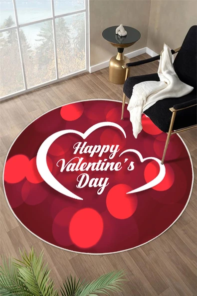 Happy Valentine's Day Kalpli Özel Tasarım Yuvarlak Dijital Baskı Halı 200 x 200 cm Kırmızı ürün görseli 1
