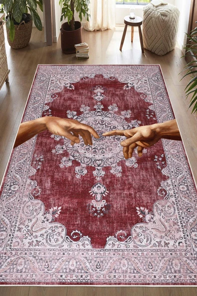 Yıkanabilir Modern Sanat Desenli Bordo Dijital Baskı Halı 160 x 250 cm Bordo ürün görseli 1