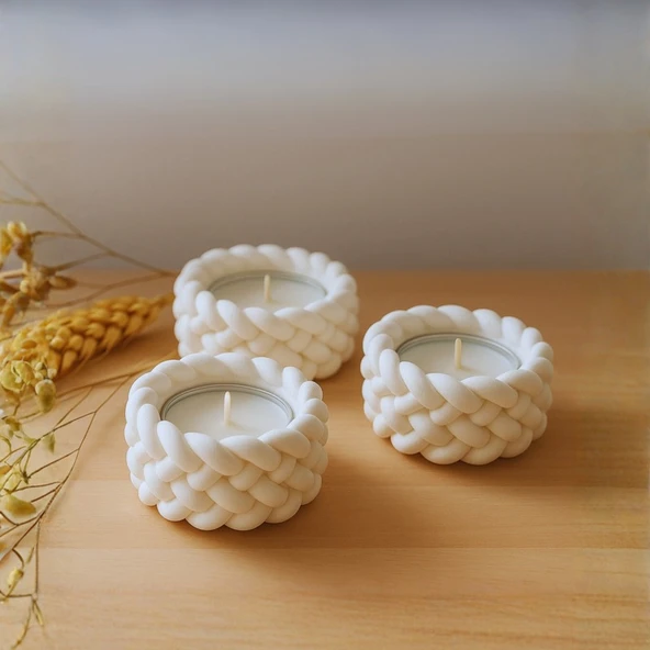 Nevhan Sanat Örgü Dokulu Seramik Tealight Mumluk 3’lü Set (Tealight Mum Hediyeli) ürün görseli 1