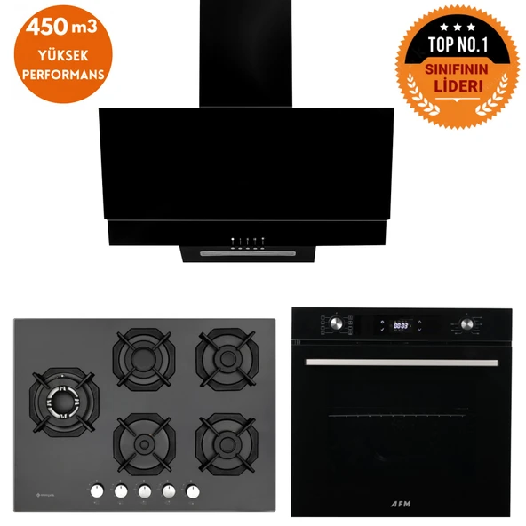 Eminçelik ve AFM TECH Markalı / LUXO 5 Gözlü 1'WOK Siyah Ankastre Set ( 22 385 + FM7700 + FM3250 ) ürün görseli 1