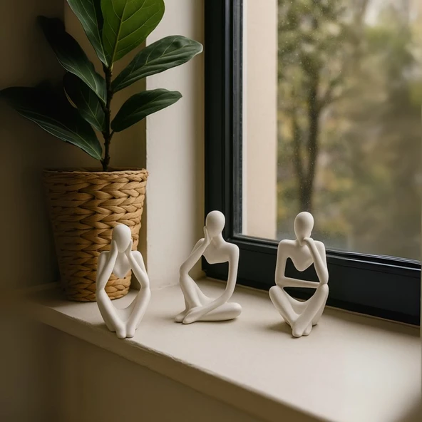 Nevhan Sanat Ev & Ofis Dekoru – Beyaz 3’lü İnsan Figürü Seti | El Yapımı Minimalist Heykel Takımı ürün görseli 1