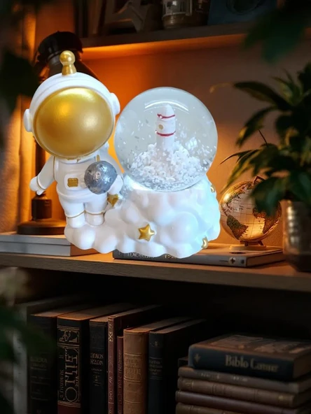 Astronot  figürlü 9cmx8cm ebat pilli ışıklı dekoratif kar küre ürün görseli 1