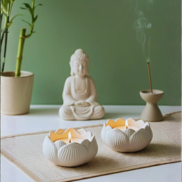 Nevhan SanatLotus Serenity Serisi – El Yapımı Seramik Tealight Mumluk İkili Set (Tealight Mum Hediyeli) ürün görseli 1