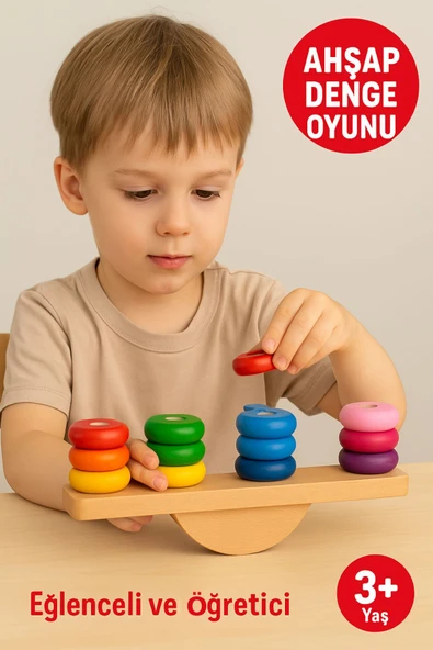 Ahşap Denge Oyunu – Renkli Halkalı Eğitici Motor Beceri ve Koordinasyon Geliştirici ürün görseli 1