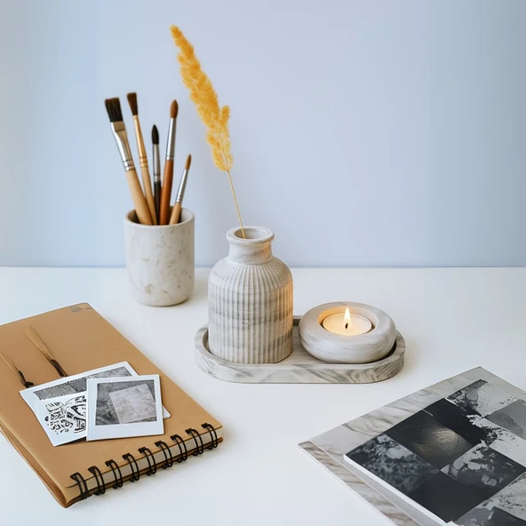 Nevhan Sanat Seramik Vazo, Tealight Mumluk ve Dekoratif Tepsi Seti - Beyaz Minimal Tasarım ürün görseli 1
