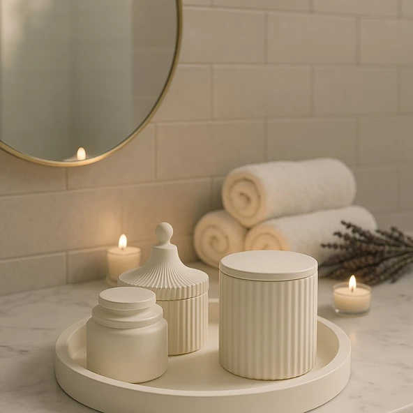 Modern Dekoratif 6’lı Set – El Yapımı Tepsi, Kapaklı Kutu ve Kavanoz – Minimalist Ev & Banyo Aksesuarı ürün görseli 1