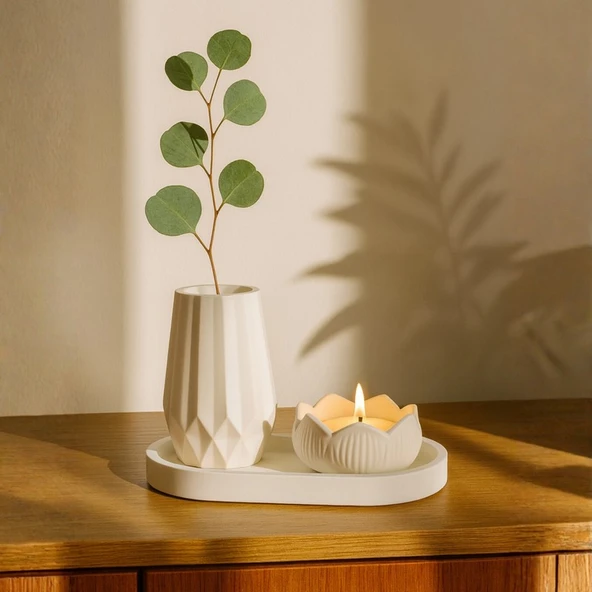 Nevhan Sanat Lotus Mumluk & Geometrik Vazo – Oval Beton Tepsi (3 Parça) Dekoratif Set – Şık ve Zarif Dokunuş ürün görseli 1
