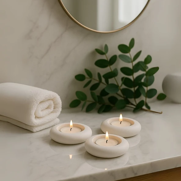 Dekoratif 3'lü Tealight Mumluk Seti – Beton Görünümlü, Modern Tasarım ürün görseli 1