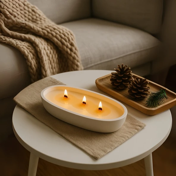 Oval Beton Mum – %100 Doğal Soya Wax, Ahşap Fitilli, El Yapımı Dekoratif Mum (21.9X10.8 Cm) ürün görseli 1
