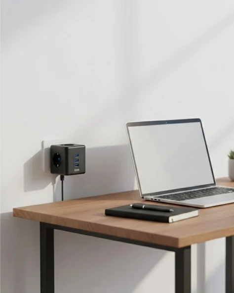 Akım Korumalı Küp Priz 3 Priz Girişi ve 3 USB Şarj Özellikli ürün görseli 1