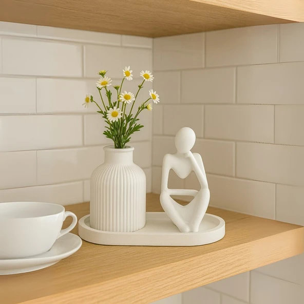 El Yapımı 3 Parça Dekoratif Set – Modern Insan Figürü Heykel ve Çizgili Vazo – Minimalist Masaüstü Dekor ürün görseli 1