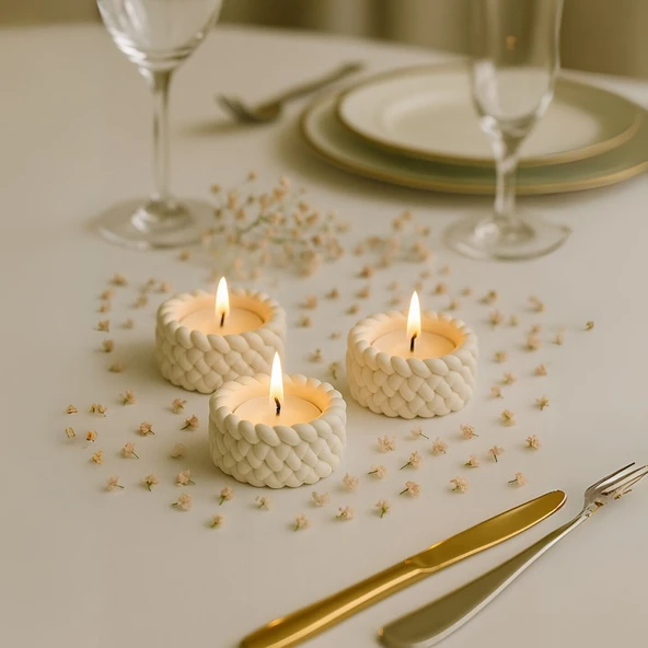 Örgü Desenli 3’lü El Yapımı Mumluk Seti – Tealight Uyumlu Modern & Doğal Dekoratif Aksesuar + Tealight Mum Hediyeli ürün görseli 1