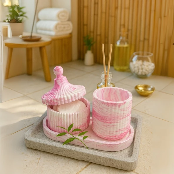 Pembe Mermer Desenli Dekoratif Set – Şekerlik, Kapaklı Kutu & Beton Tepsi ürün görseli 1