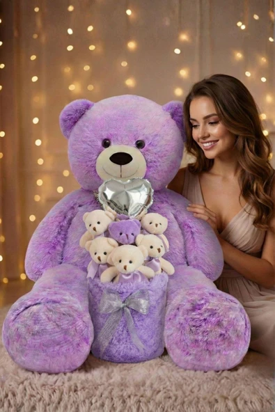 Sevgililer Günü’ne Özel: Premium Kalp Balonlu Deluxe Peluş Lila Ayıcık Buketi – Özel Kutulu Tasarım ürün görseli 1