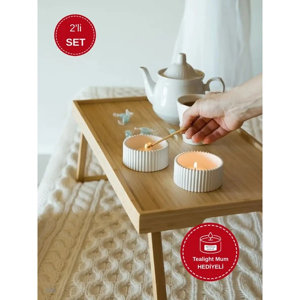 Çizgili Beton Tealight Mumluk 2’li Set – Modern El Yapımı Dekoratif Mumluk ürün görseli 1