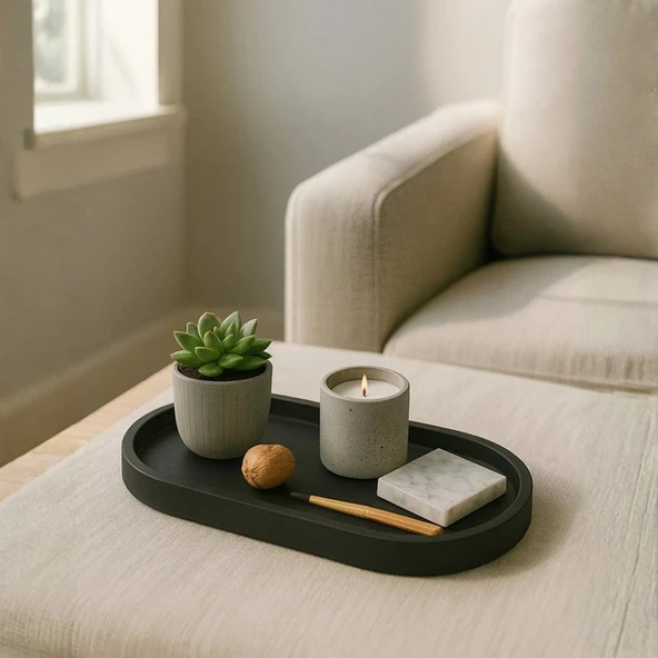 Nevhan Sanat Mat Siyah Beton Oval Tepsi – Şık ve Dayanıklı Dekoratif Sunum Tepsisi (18×9 cm) ürün görseli 1