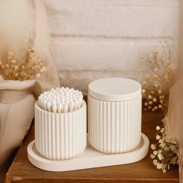 Banyo ve Makyaj Organizer Seti – 4 Parçalı Modern Tasarım, Çizgili Kapaklı Kutu & Tepsili Düzenleyici ürün görseli 1