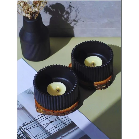 Çizgili  Siyah Tealight Mumluk 2’li Set – Modern El Yapımı Dekoratif Mumluk ürün görseli 1