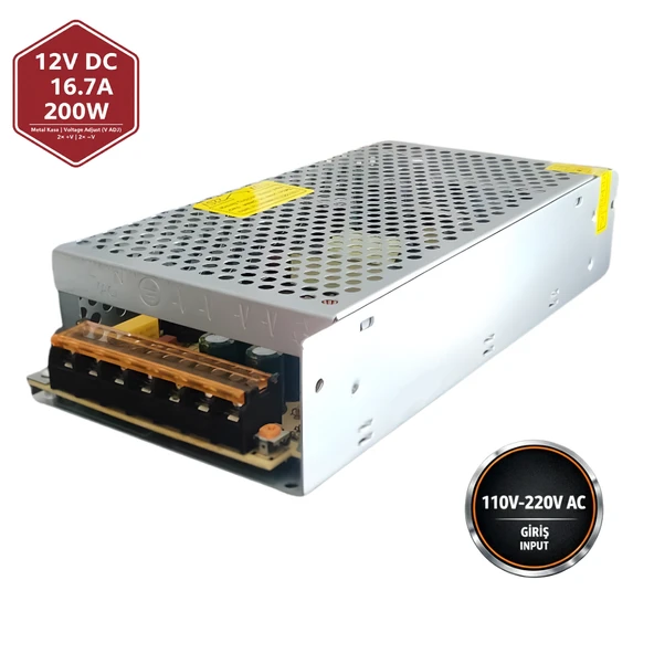 Peace B2881 12V 16.7A 200W Kalın Metal Kasa Adaptör | DC Güç Kaynağı ürün görseli 1