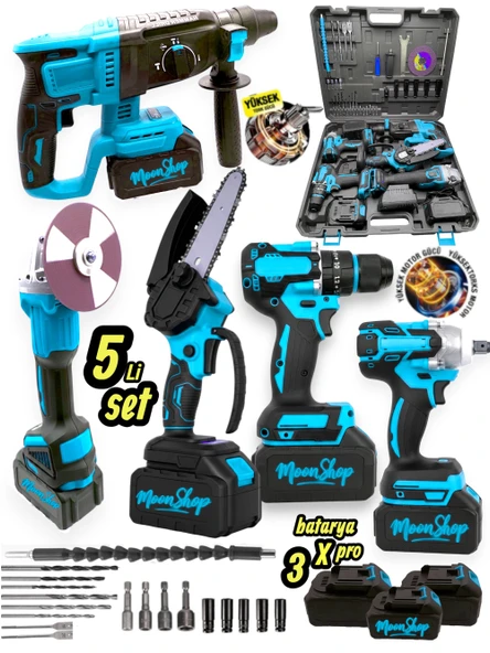 Moonshop Profesyonel 2-26 Hilti 125mm Taşlama 13mm Matkap 650nm Testere Dal Budama Şarjlı Darbeli 5'li Set ürün görseli 1