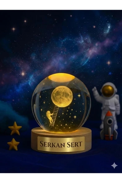 İsime Kişiye Özel Ledli USB Ahşap Standlı Merdivenle Aya Çıkan Astronot Temalı Küre Oda Gece Lambası ürün görseli 1