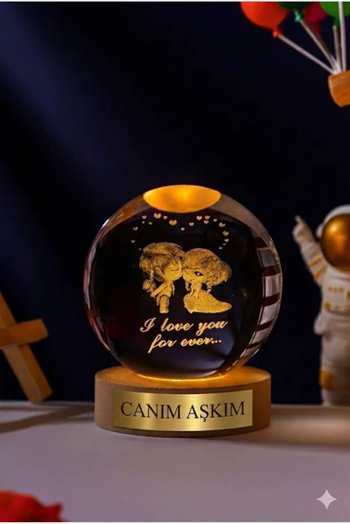 Ledli USB'li Ahşap Standlı Canım Aşkım Yazılı Sevgili Çiftler I Love You Forever Kristal Küre Lamba ürün görseli 1