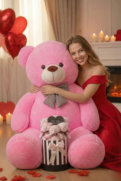 Sevgililer Günü’ne Özel: 90 CM Peluş Ayı & Aynalı Mesajlı Pembe Silindir Ayıcık Buketi | Romantik Sevgiliye Hediye Buket ürün görseli 1