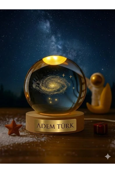 İsime Kişiye Özel Ledli USB'li Ahşap Standlı Samanyolu Temalı Kristal Küre 3D Oda Masa Gece Lambası ürün görseli 1