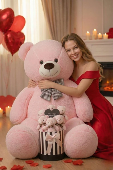 Sevgililer Günü’ne Özel: 90 CM Peluş Ayı & Aynalı Mesajlı Pembe Silindir Ayıcık Buketi | Romantik Sevgiliye Hediye Buket ürün görseli 1