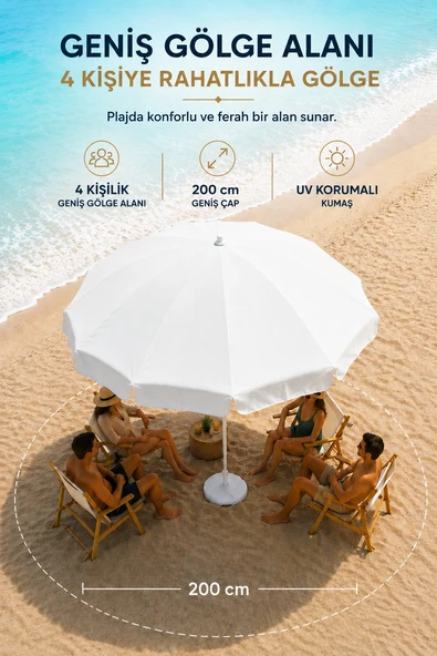 Beyaz Plaj Şemsiyesi 200 cm, 10 telli - Resim 6
