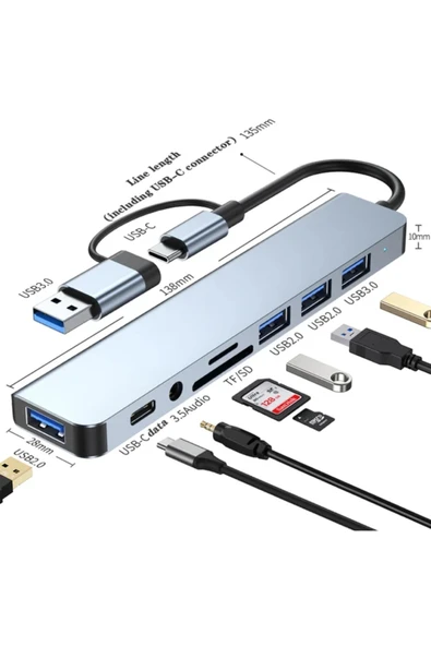 TAPLIN 8 İn 1 Usb type-c usb 2.0/3.0 Audio 3.5 TF SD Çevirici Adaptör Çok Portlu Çoklayıcı Usb Hub ürün görseli 1